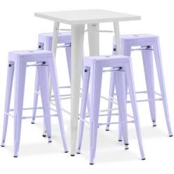 PRIVATEFLOOR Table De Bar Blanche + X4 Tabourets De Bar En Acier Design Industriel Set Bistrot Stylix - Nouvelle édition Lavande - - Lavande
