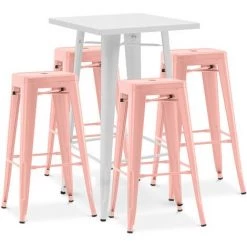 PRIVATEFLOOR Table De Bar Blanche + X4 Tabourets De Bar En Acier Design Industriel Set Bistrot Stylix - Nouvelle édition Orange Pâle - - Orange Pâle