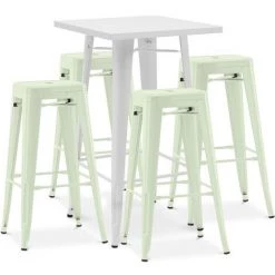 PRIVATEFLOOR Table De Bar Blanche + X4 Tabourets De Bar En Acier Design Industriel Set Bistrot Stylix - Nouvelle édition Vert Pâle - - Vert Pâle