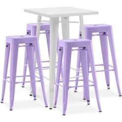 PRIVATEFLOOR Table De Bar Blanche + X4 Tabourets De Bar En Acier Design Industriel Set Bistrot Stylix - Nouvelle édition Violet Pastel - - Violet Pastel