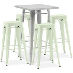 PRIVATEFLOOR Table De Bar Argentée + X4 Tabourets De Bar En Acier Ensemble Bistrot Stylix Design Industriel - Nouvelle édition Vert Pâle - - Vert Pâle