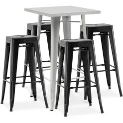 PRIVATEFLOOR Table De Bar Argentée + X4 Tabourets De Bar En Acier Ensemble Bistrot Stylix Design Industriel - Nouvelle édition Noir - - Noir