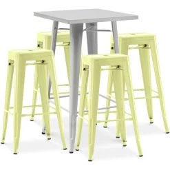 PRIVATEFLOOR Table De Bar Argentée + X4 Tabourets De Bar En Acier Ensemble Bistrot Stylix Design Industriel - Nouvelle édition Jaune Pâle - - Jaune Pâle