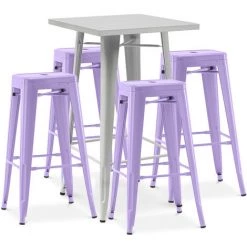 PRIVATEFLOOR Table De Bar Argentée + X4 Tabourets De Bar En Acier Ensemble Bistrot Stylix Design Industriel - Nouvelle édition Violet Pastel - - Violet Pastel