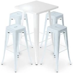 PRIVATEFLOOR Table De Bar Blanche + X4 Tabourets De Bar En Acier Mat Set Bistrot Stylix Design Industriel - Nouvelle édition Bleu Gris - - Bleu Gris