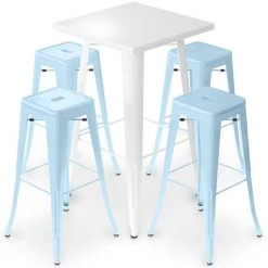 PRIVATEFLOOR Table De Bar Blanche + X4 Tabourets De Bar En Acier Mat Set Bistrot Stylix Design Industriel - Nouvelle édition Bleu Clair - - Bleu Clair