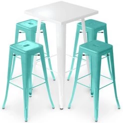 PRIVATEFLOOR Table De Bar Blanche + X4 Tabourets De Bar En Acier Mat Set Bistrot Stylix Design Industriel - Nouvelle édition Vert Pastel - - Vert Pastel