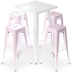 PRIVATEFLOOR Table De Bar Blanche + X4 Tabourets De Bar En Acier Mat Set Bistrot Stylix Design Industriel - Nouvelle édition Rose Pâle - - Rose Pâle
