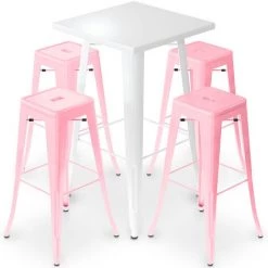 PRIVATEFLOOR Table De Bar Blanche + X4 Tabourets De Bar En Acier Mat Set Bistrot Stylix Design Industriel - Nouvelle édition Rose - - Rose
