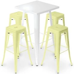 PRIVATEFLOOR Table De Bar Blanche + X4 Tabourets De Bar En Acier Mat Set Bistrot Stylix Design Industriel - Nouvelle édition Jaune Pâle - - Jaune Pâle