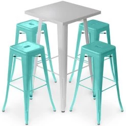 PRIVATEFLOOR Table De Bar Argentée + X4 Tabourets De Bar En Acier Mat Ensemble Bistrot Stylix Design Industriel - Nouvelle édition Vert Pastel - - Vert Pastel