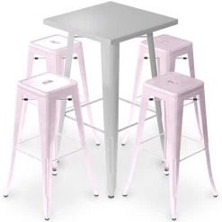PRIVATEFLOOR Table De Bar Argentée + X4 Tabourets De Bar En Acier Mat Ensemble Bistrot Stylix Design Industriel - Nouvelle édition Rose Pâle - - Rose Pâle