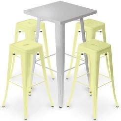 PRIVATEFLOOR Table De Bar Argentée + X4 Tabourets De Bar En Acier Mat Ensemble Bistrot Stylix Design Industriel - Nouvelle édition Jaune Pâle - - Jaune Pâle
