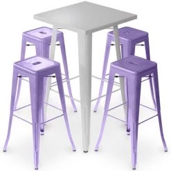 PRIVATEFLOOR Table De Bar Argentée + X4 Tabourets De Bar En Acier Mat Ensemble Bistrot Stylix Design Industriel - Nouvelle édition Violet Pastel - - Violet Pastel