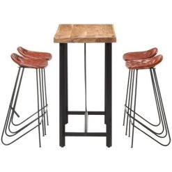 YOUTHUP Ensemble De Bar 5 Pcs Bois Solide Et Cuir Véritable -Table haute et bar Soldes 51852398 3