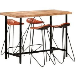 YOUTHUP Ensemble De Bar 5 Pcs Bois Solide Et Cuir Véritable