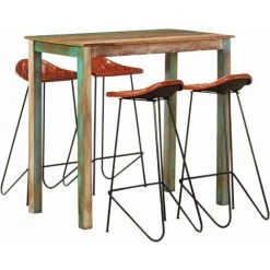 YOUTHUP Ensemble De Bar 5 Pcs Bois De Récupération Et Cuir Véritable - Brun