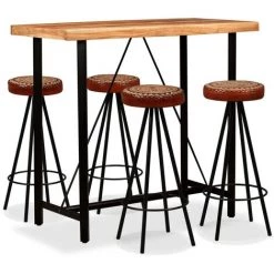 YOUTHUP Ensemble De Bar 5 Pcs Bois D'acacia Cuir Véritable Et Toile - Brun