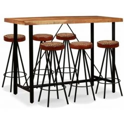 YOUTHUP Ensemble De Bar 7 Pcs Bois D'acacia Cuir Véritable Et Toile - Brun