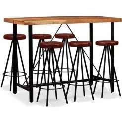 YOUTHUP Ensemble De Bar 7 Pcs Bois D'acacia Massif Et Cuir Véritable - Brun