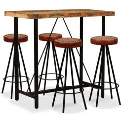 YOUTHUP Ensemble De Bar 5 Pcs Bois De Récupération Cuir Véritable Et Toile - Brun