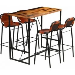 YOUTHUP Ensemble De Bar 5 Pcs Bois Massif Recyclé Et Cuir De Chèvre - Brun