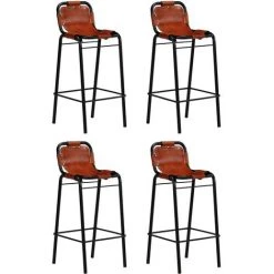 YOUTHUP Ensemble De Bar 5 Pcs Bois Massif Recyclé Et Cuir De Chèvre - Brun -Table haute et bar Soldes 51875425 5