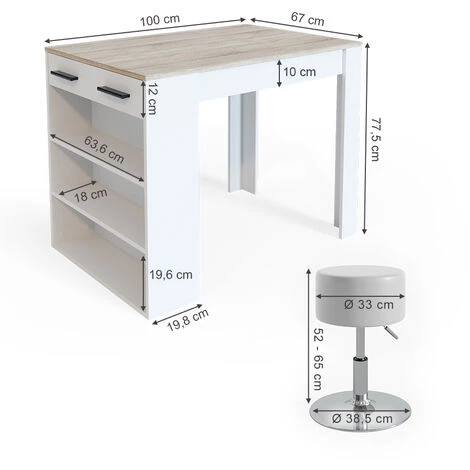 Table De Bar „Repose“ Blanche/Chêne Clair Avec 2 Tabourets Vicco 5 Table De Bar „Repose“ Blanche/Chêne Clair Avec 2 Tabourets Vicco – Image 3