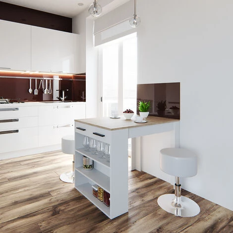 Table De Bar „Repose“ Blanche/Chêne Clair Avec 2 Tabourets Vicco 6 Table De Bar „Repose“ Blanche/Chêne Clair Avec 2 Tabourets Vicco – Image 4