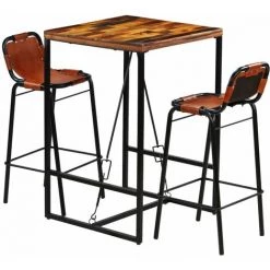 Topdeal Ensemble De Bar 3 Pcs Bois Massif Recyclé Et Cuir De Chèvre