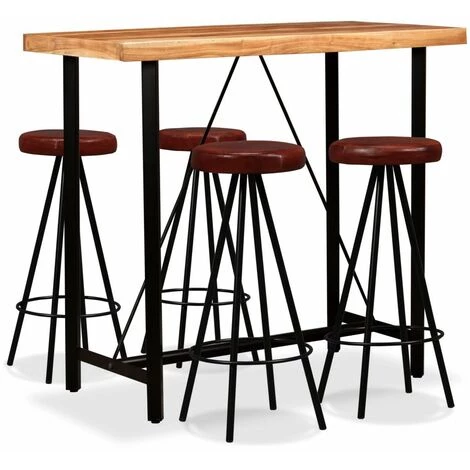 Topdeal Ensemble De Bar 5 Pcs Bois D'acacia Massif Et Cuir Véritable 3 Topdeal Ensemble De Bar 5 Pcs Bois D'acacia Massif Et Cuir Véritable