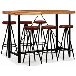 Topdeal Ensemble De Bar 7 Pcs Bois D'acacia Massif Et Cuir Véritable