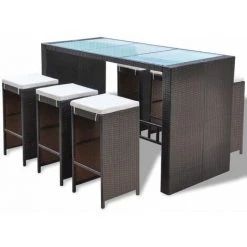 Topdeal Meuble De Bar De Jardin 7 Pcs Et Coussins Résine Tressée Marron -Table haute et bar Soldes 52090543 2