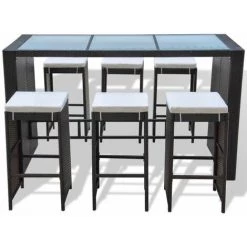 Topdeal Meuble De Bar De Jardin 7 Pcs Et Coussins Résine Tressée Marron -Table haute et bar Soldes 52090543 3