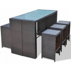 Topdeal Meuble De Bar De Jardin 7 Pcs Et Coussins Résine Tressée Marron -Table haute et bar Soldes 52090543 5