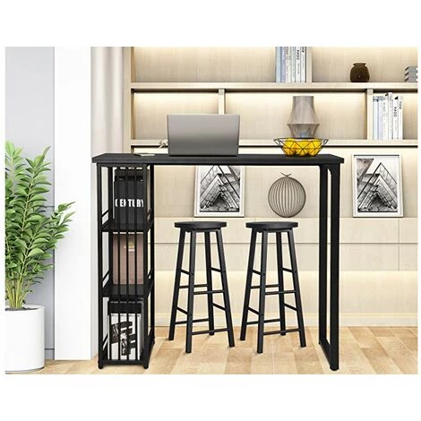 WOLTU 1xTable De Bar Avec 3 Tablettes + 2xTabourets De Bar. Structure En Métal. Plateau En MDF. Noir 4 WOLTU 1xTable De Bar Avec 3 Tablettes + 2xTabourets De Bar. Structure En Métal. Plateau En MDF. Noir – Image 2
