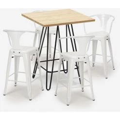 AHD AMAZING HOME DESIGN Ensemble 4 Tabourets Tolix Table Bois 60x60cm Industriel Bar Cuisine Mason | Couleur: Blanc -Table haute et bar Soldes 52645018 3