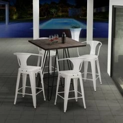 AHD AMAZING HOME DESIGN Ensemble Table Bois 60x60cm 4 Tabourets Tolix Industriel Cuisine Bar Mason Noix | Couleur: Blanc -Table haute et bar Soldes 52645027 2