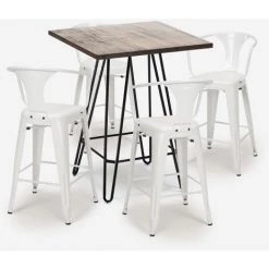AHD AMAZING HOME DESIGN Ensemble Table Bois 60x60cm 4 Tabourets Tolix Industriel Cuisine Bar Mason Noix | Couleur: Blanc -Table haute et bar Soldes 52645027 3