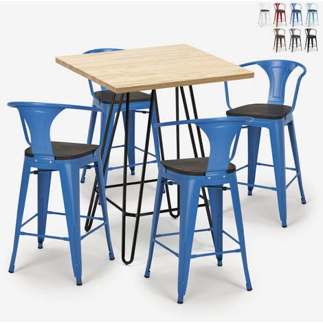 AHD AMAZING HOME DESIGN Ensemble 4 Tabourets Tolix Table Bois Métal 60x60cm Industriel Mason Wood | Couleur: Bleu 3 AHD AMAZING HOME DESIGN Ensemble 4 Tabourets Tolix Table Bois Métal 60x60cm Industriel Mason Wood | Couleur: Bleu