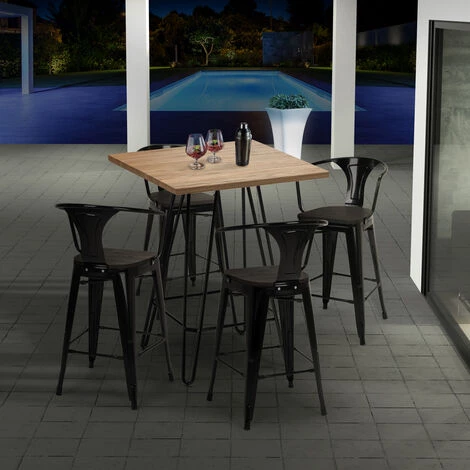 AHD AMAZING HOME DESIGN Ensemble 4 Tabourets Tolix Table Bois Métal 60x60cm Industriel Mason Wood | Couleur: Bleu 4 AHD AMAZING HOME DESIGN Ensemble 4 Tabourets Tolix Table Bois Métal 60x60cm Industriel Mason Wood | Couleur: Bleu – Image 2