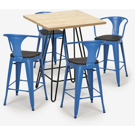AHD AMAZING HOME DESIGN Ensemble 4 Tabourets Tolix Table Bois Métal 60x60cm Industriel Mason Wood | Couleur: Bleu 5 AHD AMAZING HOME DESIGN Ensemble 4 Tabourets Tolix Table Bois Métal 60x60cm Industriel Mason Wood | Couleur: Bleu – Image 3