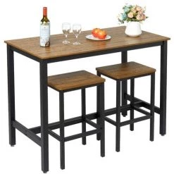 Ensemble Table Et 2 Tabourets Style De Bar En Fer Et Bois-Table Et Chaises Pour Cuisine, Bar, Café, Grain Foncé-Meerveil