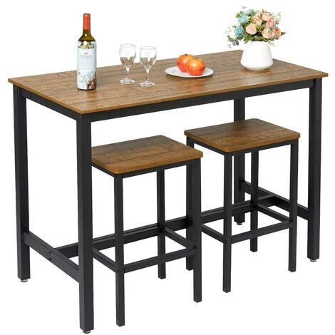 Ensemble Table Et 2 Tabourets Style De Bar En Fer Et Bois-Table Et Chaises Pour Cuisine, Bar, Café, Grain Foncé-Meerveil 3 Ensemble Table Et 2 Tabourets Style De Bar En Fer Et Bois-Table Et Chaises Pour Cuisine, Bar, Café, Grain Foncé-Meerveil