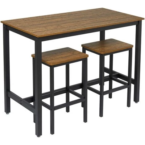 Ensemble Table Et 2 Tabourets Style De Bar En Fer Et Bois-Table Et Chaises Pour Cuisine, Bar, Café, Grain Foncé-Meerveil 4 Ensemble Table Et 2 Tabourets Style De Bar En Fer Et Bois-Table Et Chaises Pour Cuisine, Bar, Café, Grain Foncé-Meerveil – Image 2