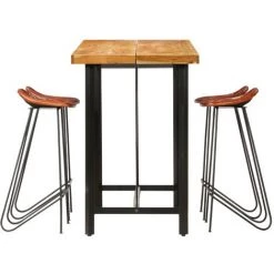 Hommoo Ensemble De Bar 5 Pcs Bois Solide Et Cuir Veritable -Table haute et bar Soldes 54056816 3