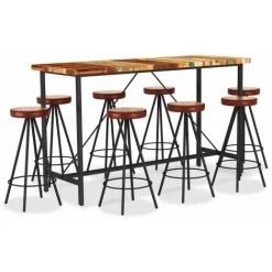 Hommoo Ensemble De Bar 9 Pcs Bois De Recuperation Et Cuir Veritable