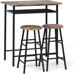 COSTWAY Ensemble Table De Bar Et Chaises, Table Haute Avec 2 Tabourets Avec Repose-Pieds Marron