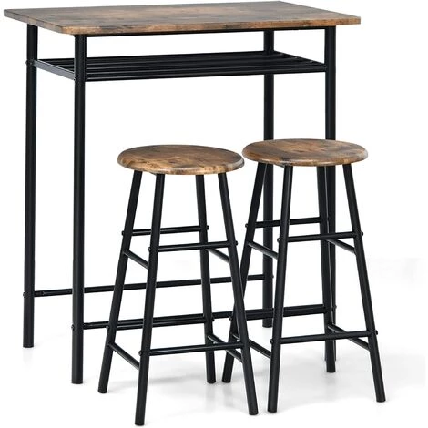 COSTWAY Ensemble Table De Bar Et Chaises, Table Haute Avec 2 Tabourets Avec Repose-Pieds Marron 3 COSTWAY Ensemble Table De Bar Et Chaises, Table Haute Avec 2 Tabourets Avec Repose-Pieds Marron