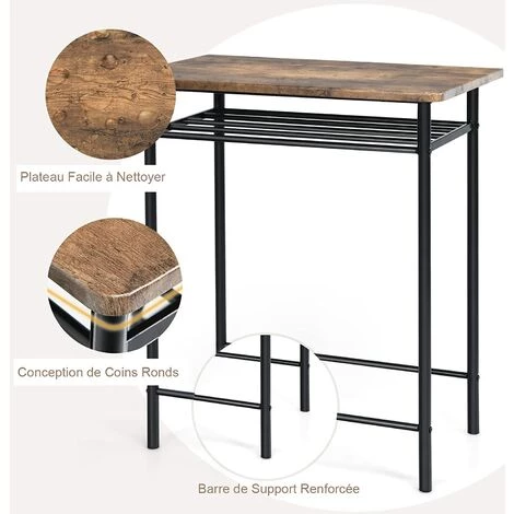 COSTWAY Ensemble Table De Bar Et Chaises, Table Haute Avec 2 Tabourets Avec Repose-Pieds Marron 4 COSTWAY Ensemble Table De Bar Et Chaises, Table Haute Avec 2 Tabourets Avec Repose-Pieds Marron – Image 2
